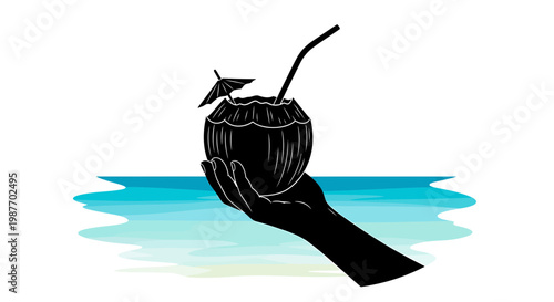 Hand Holding Coconut Cocktail on Tropical Beach Background Vector