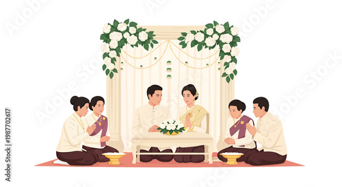 Traditional Thai Wedding Ceremony Illustration with Bride and Groom