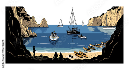 Summer Coastal Bay Illustration with Sailboats and Kayaks