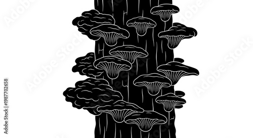 Black and white vector illustration of mushrooms on a tree trunk