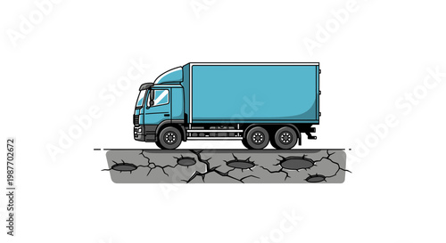 Blue Truck Driving on Damaged Road with Potholes Illustration