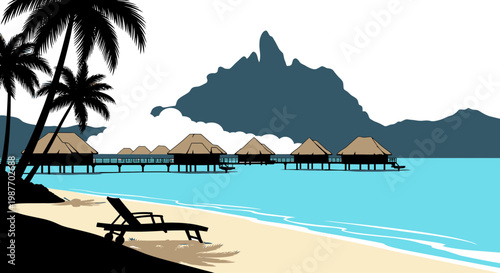 Tropical Island Resort with Overwater Bungalows Vector Illustration