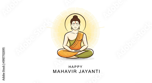A vector illustration showcases Lord Mahavir in a meditative pose for Mahavir Jayanti, set against a clean white background with soft, diffused lighting, and a joyful mood celebrating