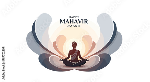 Celebrating Mahavir Jayanti, a digital illustration depicts Lord Mahavir meditating in lotus position against a serene background, conveying spiritual peace and reverence for the Jain