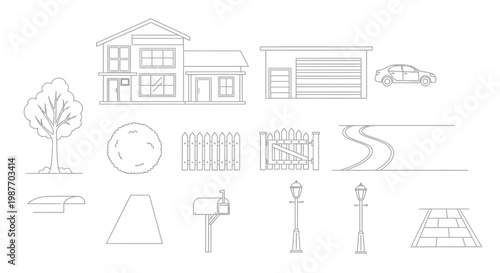 Set of residential house icons and suburban landscape elements in line art style