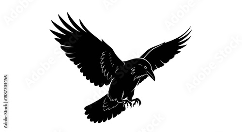 Black Raven Silhouette Illustration Flying with Wings Spread
