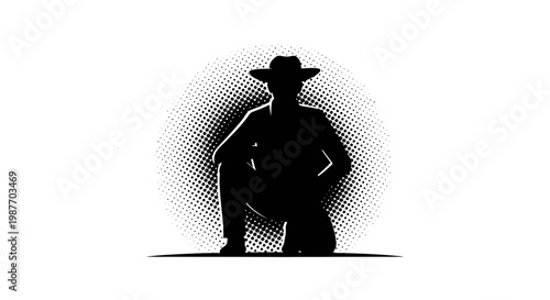 Cowboy Silhouette on Halftone Circle Background Vector Illustration