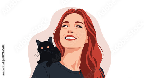 Smiling woman with black cat on her shoulder vector illustration