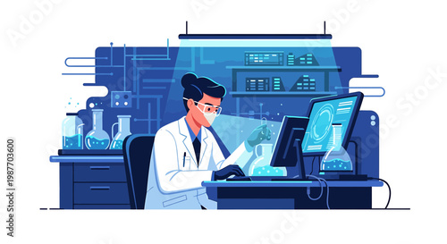 Female scientist working in a modern high tech laboratory illustration