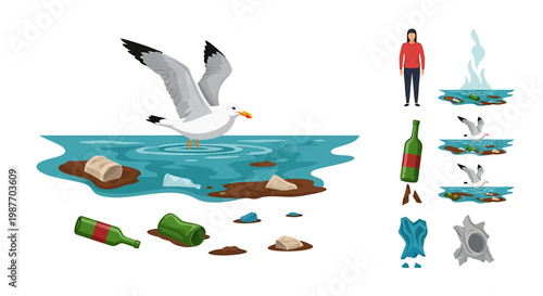 Environmental Ocean Pollution Vector with Seagull and Plastic Waste