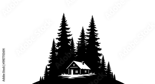 Silhouette of a rustic cabin in a dense pine forest illustration