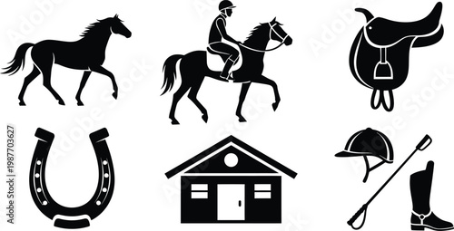 Black silhouette equestrian set isolated on transparent background horses tack and stable elements