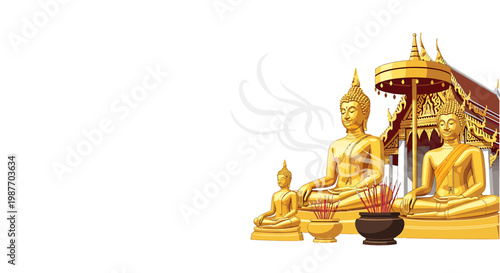 Golden Buddha Statues and Thai Temple Vector Illustration