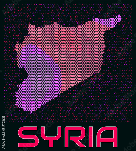 Syria digital style hexagon map. Vibrant magenta purple pink neon dotted shape. Country tiny bright hexagon cells. Syria honeycomb map design. Elegant Vector Illustration.