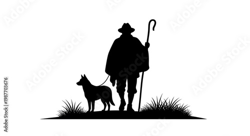 Silhouette of a Shepherd with Staff and Herding Dog