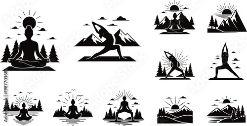 Black silhouette yoga poses and mountain landscapes isolated on transparent background