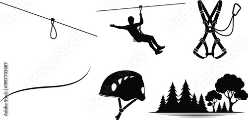 Black silhouette set zipline helmet trees and mountain landscape isolated on transparent background