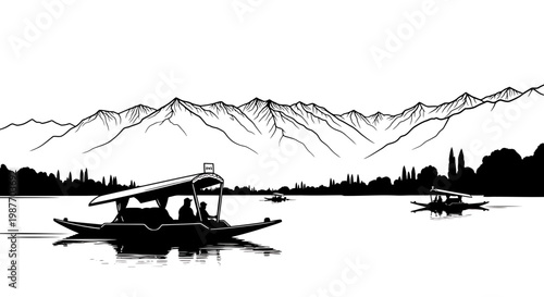 Dal Lake Kashmir Shikara Boat Vector Illustration with Mountains