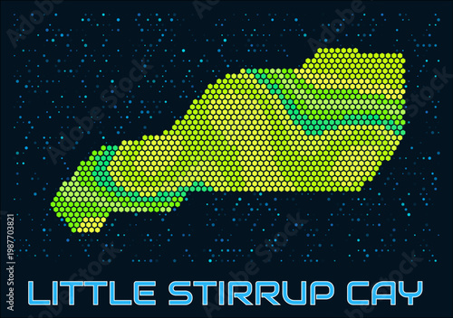 Little Stirrup Cay hexagon dots map. Bahamas. Digital style shape of the island. Little Stirrup Cay map and title. Tiny green colored hexagons, sparse blue dots at background. Vector Illustration.