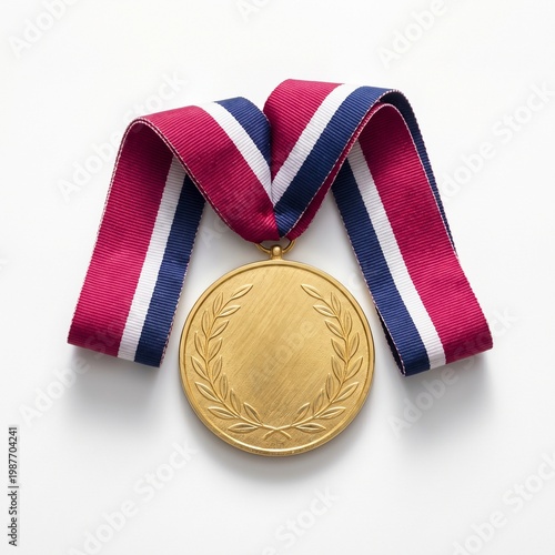 A gold medal with a red, white, and blue ribbon, symbolizing victory and achievement in a competition or award ceremony