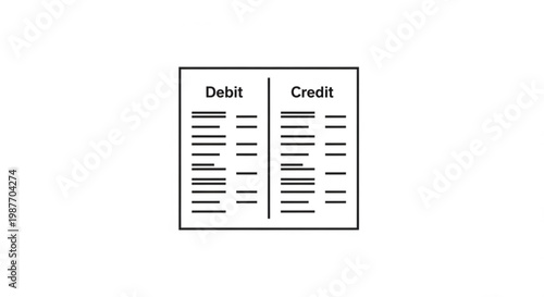 Detailed line art silhouette of a balance sheet, clearly indicating "debit" and "credit" columns for accounting and financial record-keeping, isolated on a clean white background.