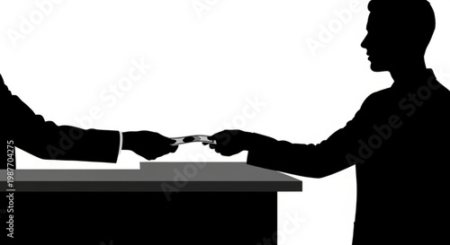 Silhouette of two people's hands exchanging cash money over a counter, representing a financial transaction, payment, or customer service interaction in a business setting.