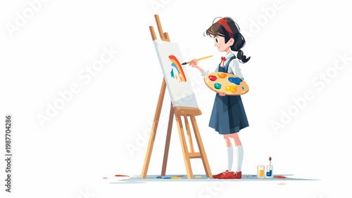 Enthusiastic girl brings a vivid rainbow to life on her easel, celebrating the pure joy of painting