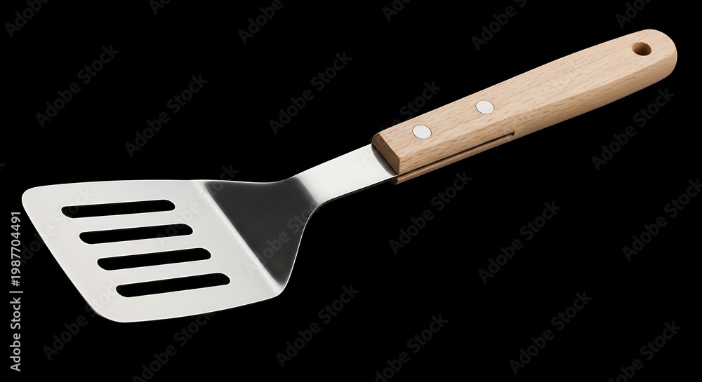 Fototapeta premium Angled spatula with slotted head and wooden handle, stainless steel, isolated on black