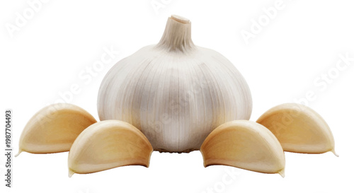 Vector illustration of fresh garlic bulb with peeled cloves on a transparent background