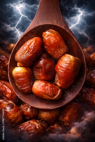 Fresh Dates in Wooden Spoon with Dramatic Lightning Storm Background, Dark Clouds and Powerful Nature Contrast Food Concept