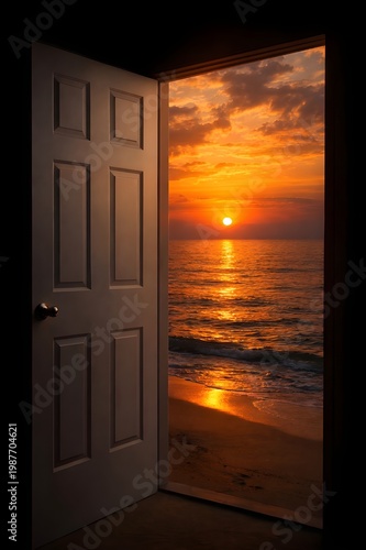 Open Door Revealing Stunning Ocean Sunset with Golden Light, Waves, and Dramatic Sky, Concept of Opportunity and New Beginnings