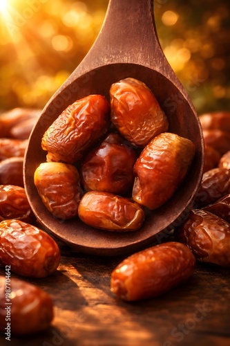 Close Up of Sweet Dates in Wooden Spoon with Rich Brown Texture and Natural Light