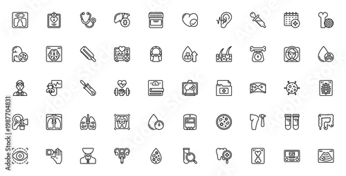 Health Checkup icon set. Medical vector icons pack. Includes symbols for stethoscope, blood test, X-ray, ultrasound, ECG, brain scan, and more. Editable stroke.