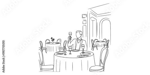 A line drawing of a man in a formal suit sitting at a restaurant table and raising a wine glass. Vector, illustration