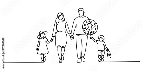Minimalist one line drawing of a family of four walking together for a summer beach vacation. Vector, illustration