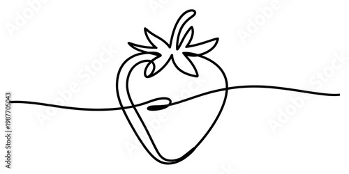 Continuous line drawing of a single strawberry fruit with leaves on a white background. Vector, illustration