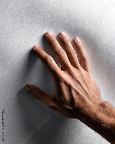 Human hand touch white wall texture detail minimal clean neutral tone natural skin tone soft light.
