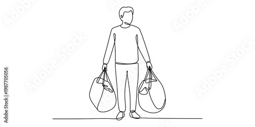 Continuous line drawing of a man carrying two heavy bags in both hands on a white background Vector, illustration