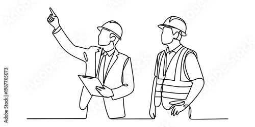 Continuous line drawing of an architect and a construction worker discussing a project plan Vector, illustration