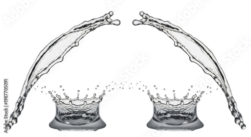 Vector illustration of two water splashes with crownshaped ripples on a transparent background