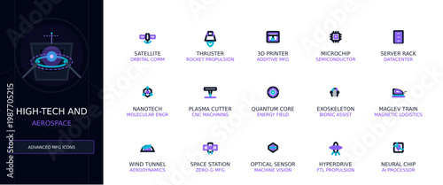 Advanced High-Tech and Aerospace Industry Icons Digital Concepts in Stylish Dark Blue and Purple