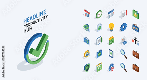 Icon Set for UI UX Web and App Design Vector, Isometric productivity and business management icon set for office workflow and task planning