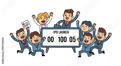 Excited Business Team Celebrating Successful IPO Launch Illustration
