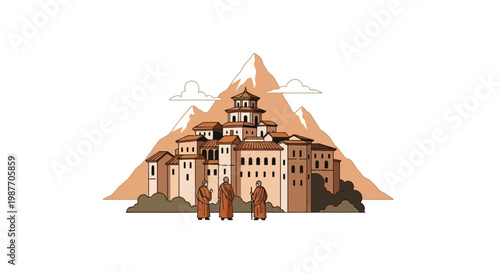 Buddhist Monks Facing a Mountain Monastery Vector Illustration