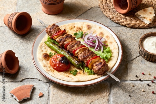 Adana Kebab Skewer with Grilled Vegetables on Flatbread