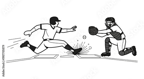 Baseball Runner Sliding into Home Plate Action Vector Illustration