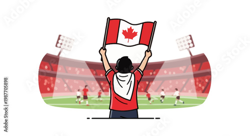 Canadian fan cheering with flag in sports stadium illustration