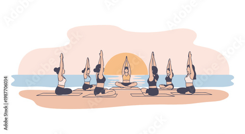 Women practicing yoga on the beach at sunset vector illustration