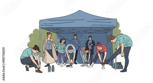Group of People Preparing for Outdoor Race Under Tent Illustration