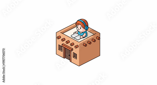 Isometric Vector Illustration of a Boy Reading a Book in a House